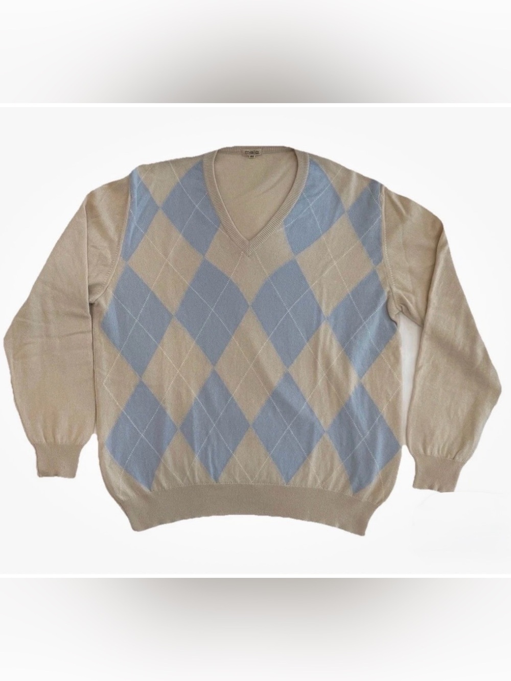 Malo Cashmere Sweater V-Neck Argyle Beige Blue Vintage Italy Size 50 L Luxury